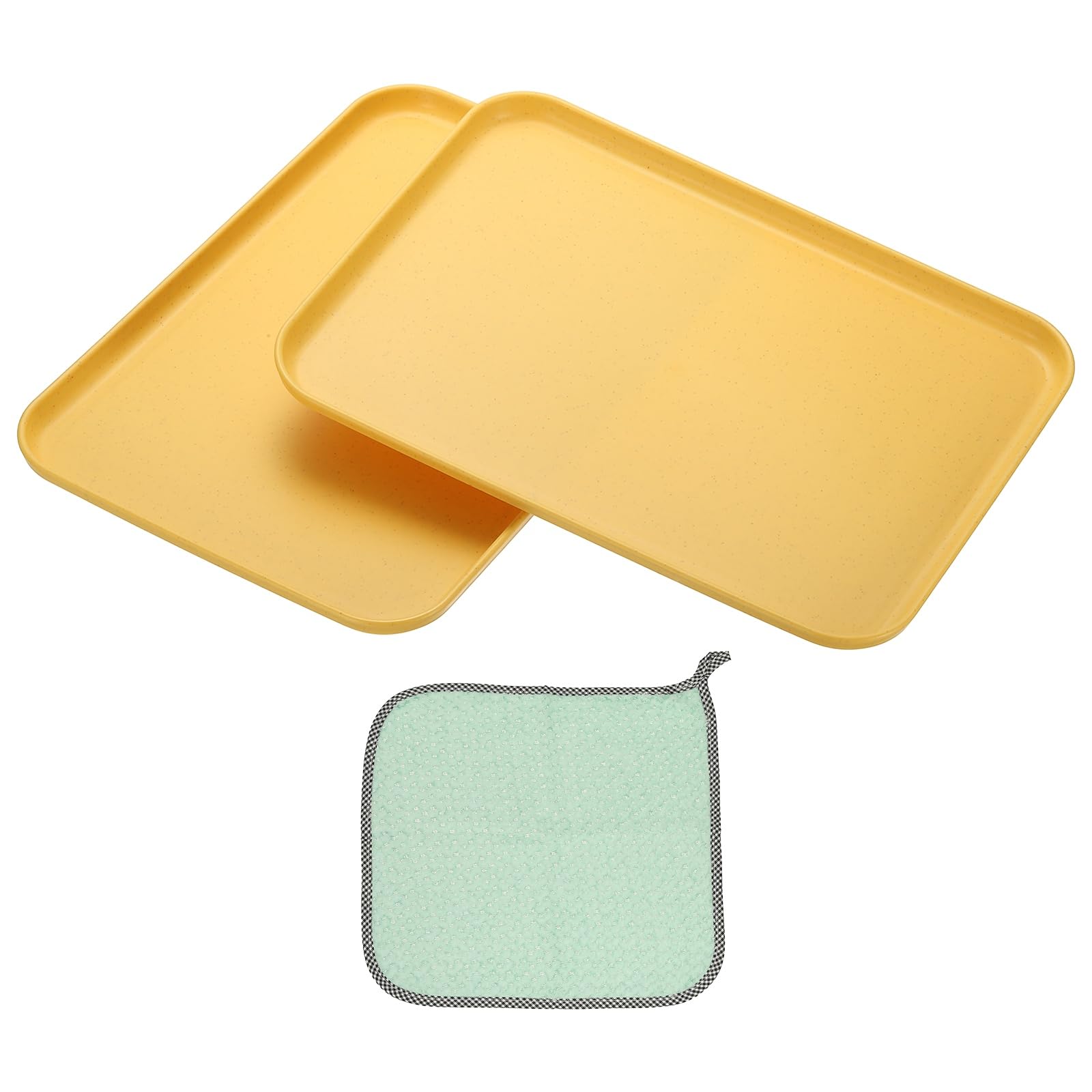 PATIKIL 12x8.7 Plastic Tray, 2 Pack Rectangular Plates Small Food Tray Wheat Plates Dishes Reusable Dessert Plate Trays with Cloth for Cake Fruits Salad Cupcake Steak Serving Yellow