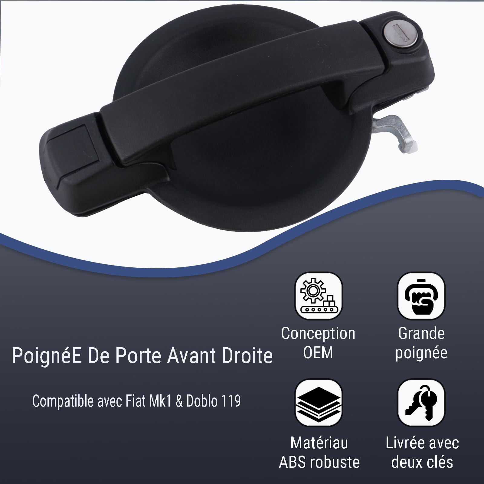 Poignée de Porte Extérieure Compatible avec Doblo(735309959+2KEY) | Poignée Droite Avant avec 2 Clés Compatible avec Fiat Doblo Cargo (MK1) & Doblo 119 2005–2010