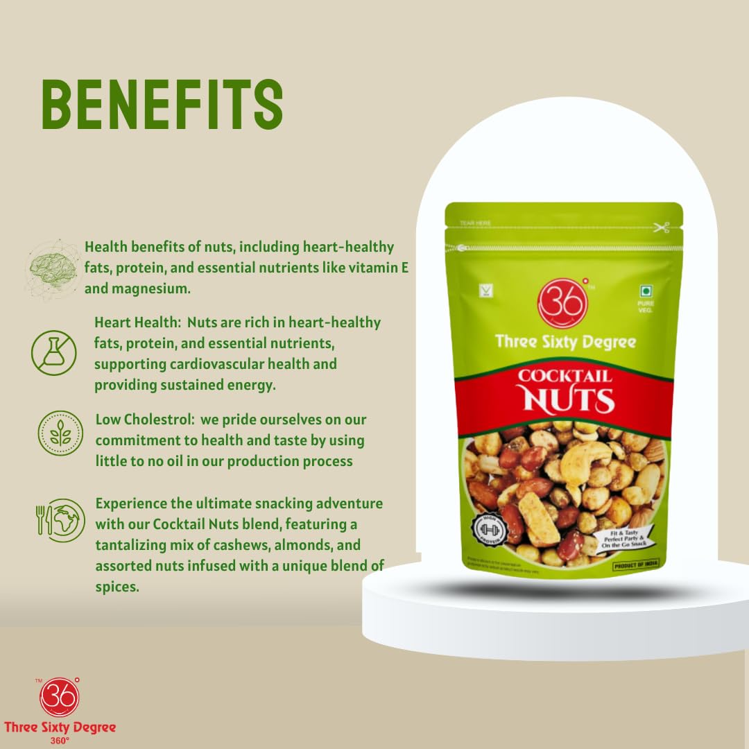 360 Three Sixty Degree Cocktail Nuts Zipper | Mixed Nuts, Chickpeas, Almonds, Cashews | Salty Kaju Badam, Chana, Khara Sing Mungfali | Crunchy & Tasty High Protein Snack | Healthy Snacks | 5 Packs x 120 Grams = 600 Grams 4