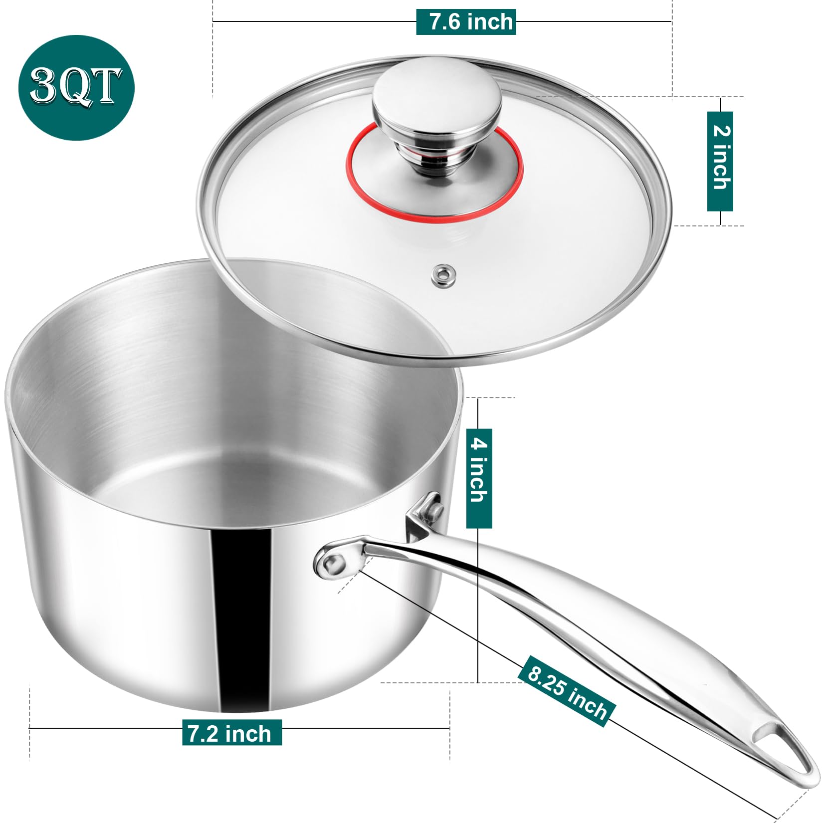 TeamFar 3qt Saucepan with Lid, Stainless Steel Tri-ply Pasta Sauce Milk Pan Small Cooking Pot with Ergonomic Handle, for Induction/Gas/Electric/Ceramic, Healthy & Heavy Duty, Dishwasher Safe