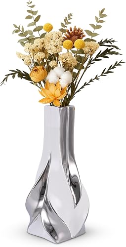 10.6" White and Silver Ceramic Vase, Modern Geometric Flower Vase for Dining Table Centerpiece, Elegant Decorative Vase for Pampas Grass, Living Room, Bedroom, Office, Tabletop Decoration