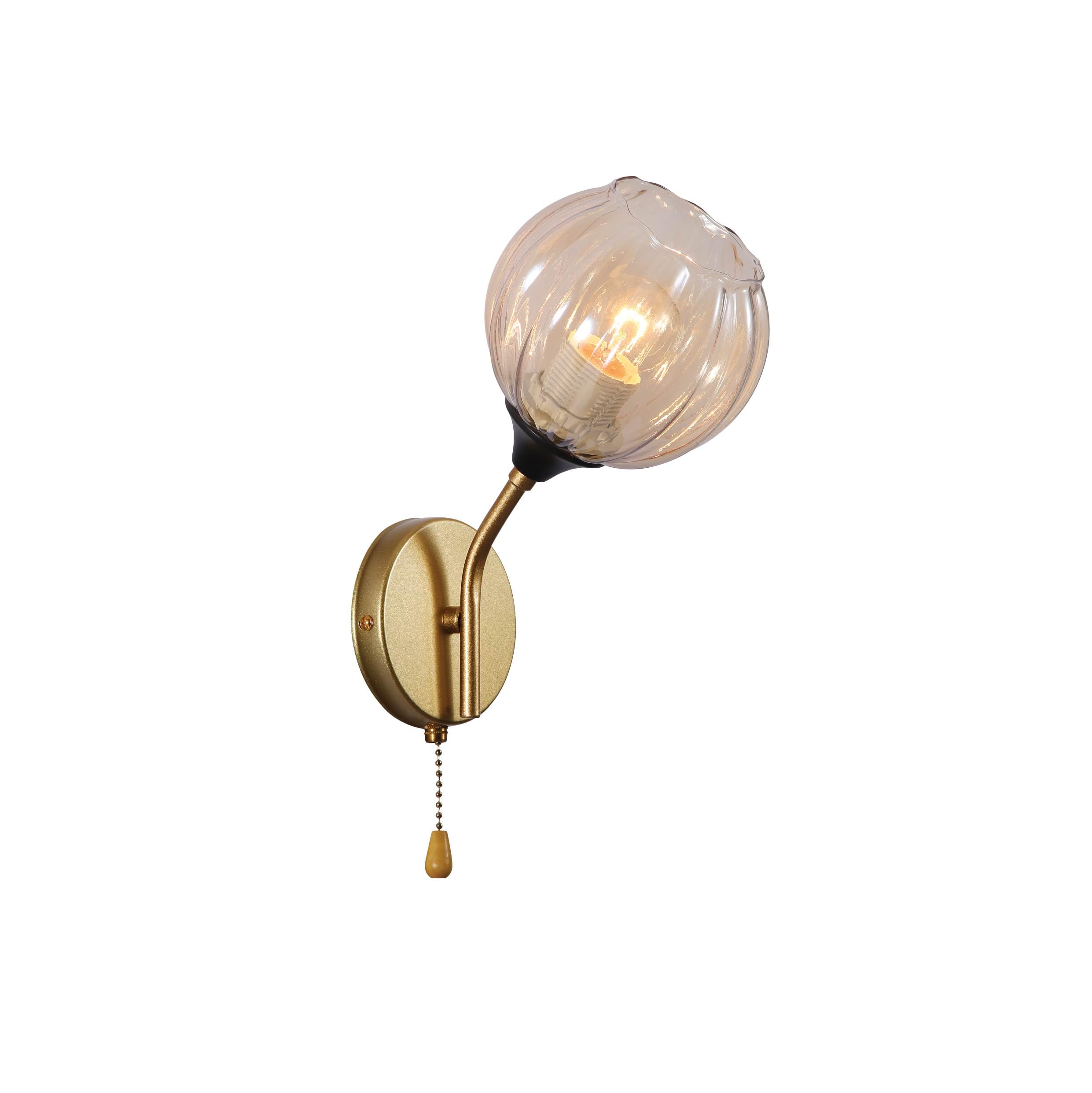 Tekled Gold, Amber Myhome Amber Reeded Globe Glass Gold Metal Vintage Retro Wall Light | E27 Fitting And Pull Down Switch | For Bedrooms Living Rooms Study Rooms Cafes Bars Restaurants | (Bulb Not Included)