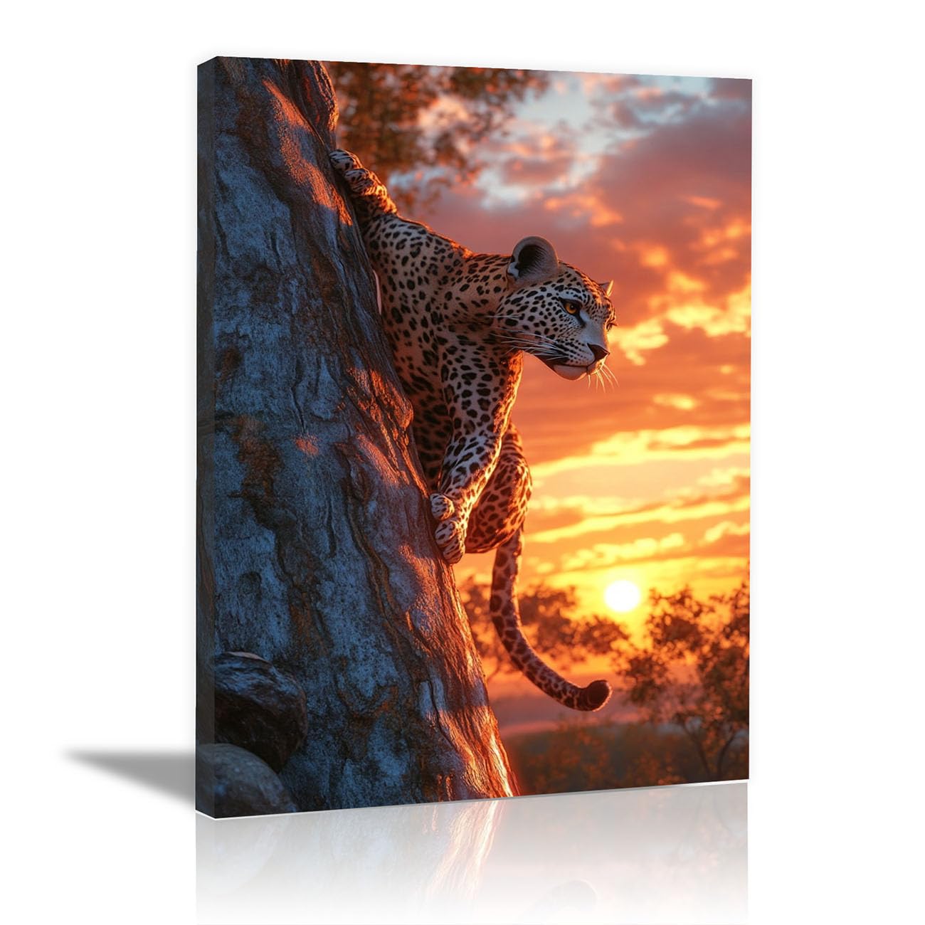 QUSAAOU Canvas Pictures Leopard wspina się na drzewo, świecący zachód słońca, plakat z motywami zwierzęcymi, nadaje się do dekoracji ścian w sypialni, kuchni, biurze i łazienkach (pomarańczowy) - 60 x