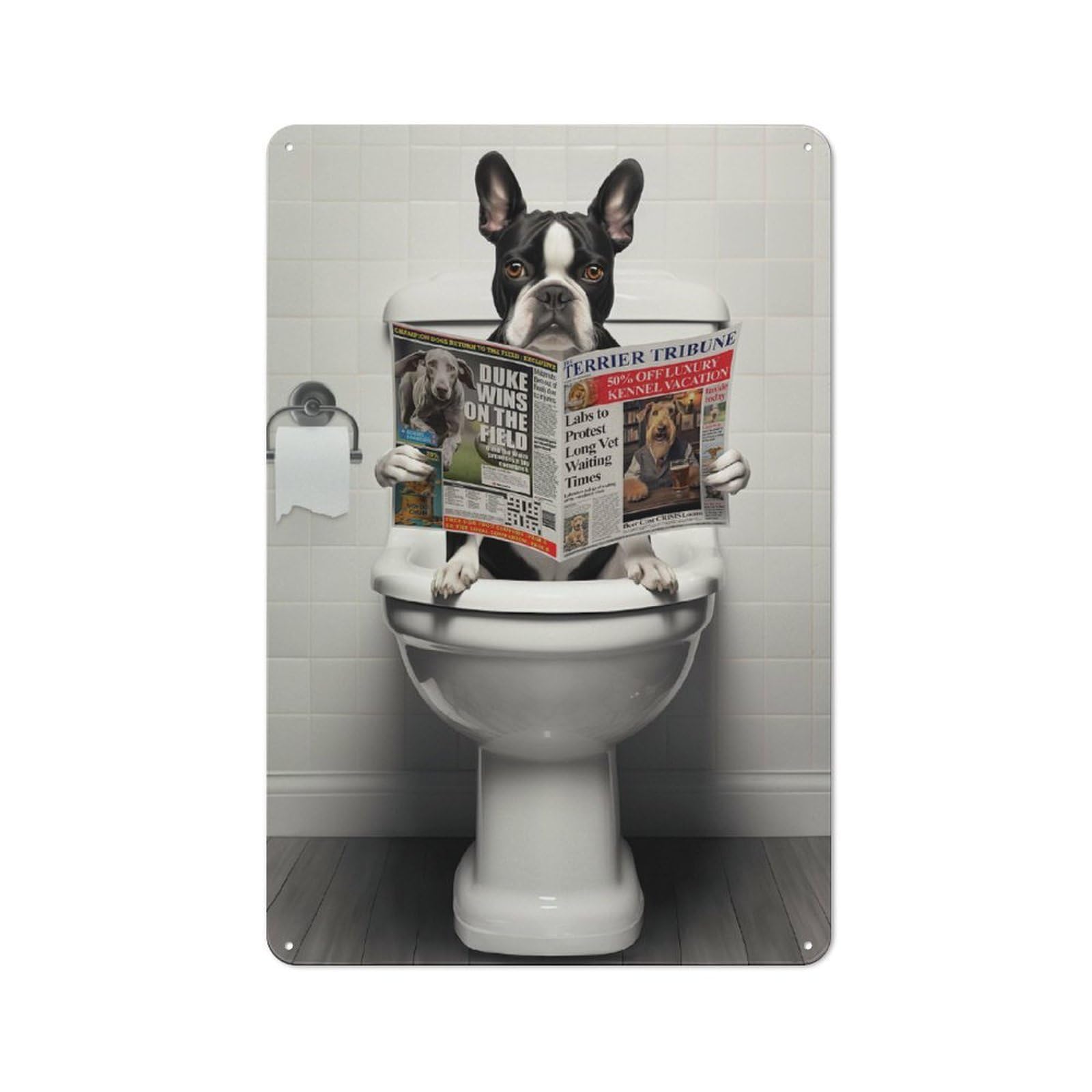 Vintage Retro Metal Sign 30x20cm Featuring Boston Terrier on Toilet, Garage Wall Decor for Garage, Workshop, Shed Or Utility Room