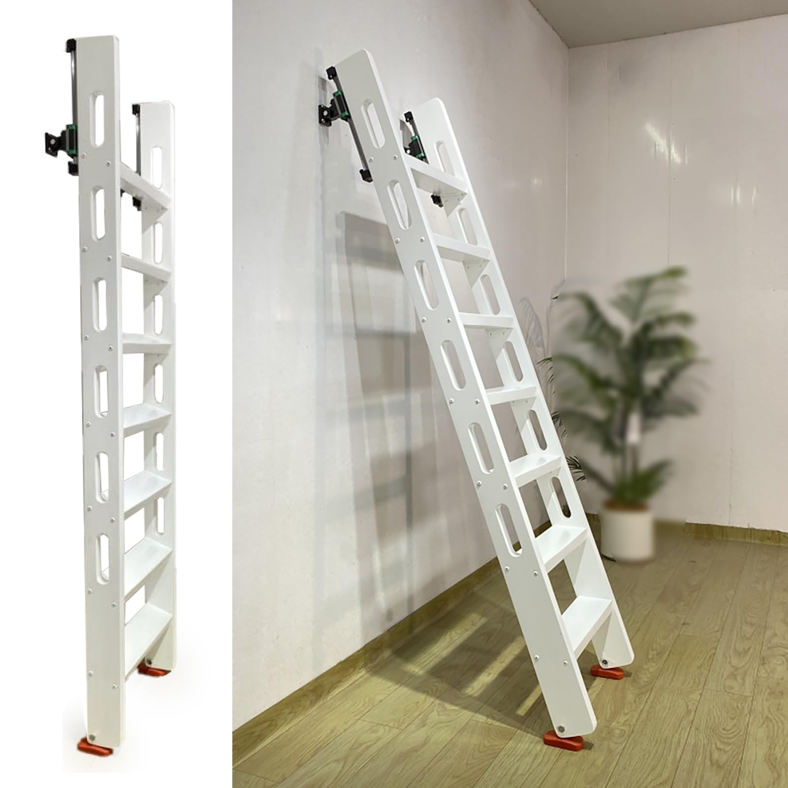 EXCLURA Attic Loft Ladder with Sliding Rail, Anti-Slip Bunk Bed Ladder for Climbing Loft Steps, Loft Egress Stairs with Adjustable Angle Rubber Feet(