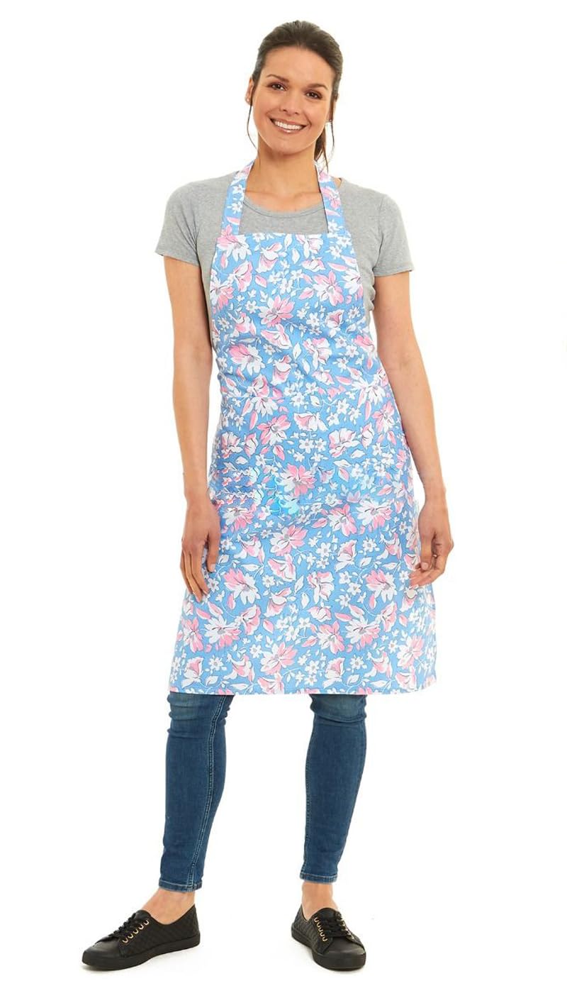 Tesmark Floral Barbecue & Butcher Aprons for Men and Women with Pockets, One Size Floral Design Versatile Aprons Ideal for Home, BBQ and Professional Use (Aqua)