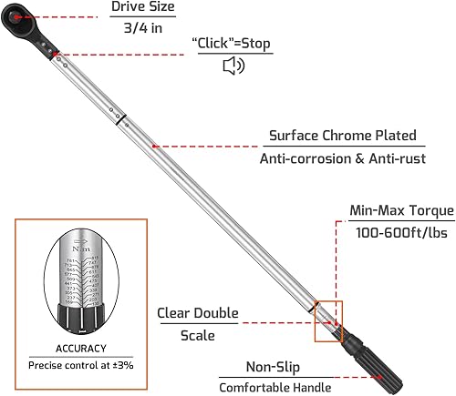 Miniatura 2 de Llave dinamométrica de clic de 34 pulgadas, juego de llaves dinamométricas ajustables de doble escala con una llave hexagonal 100-600ft.lb  135-815Nm