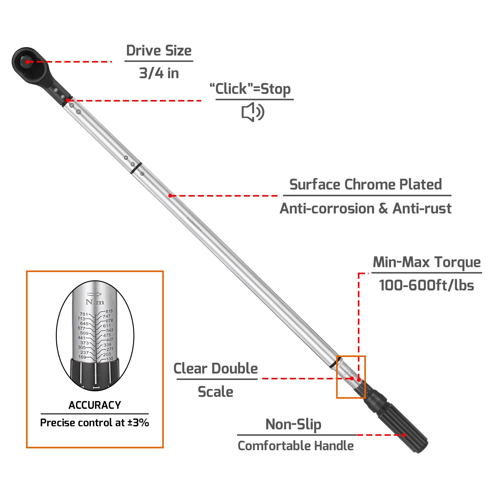 3/4-Inch Drive Click Torque Wrench, Dual-Direction Click