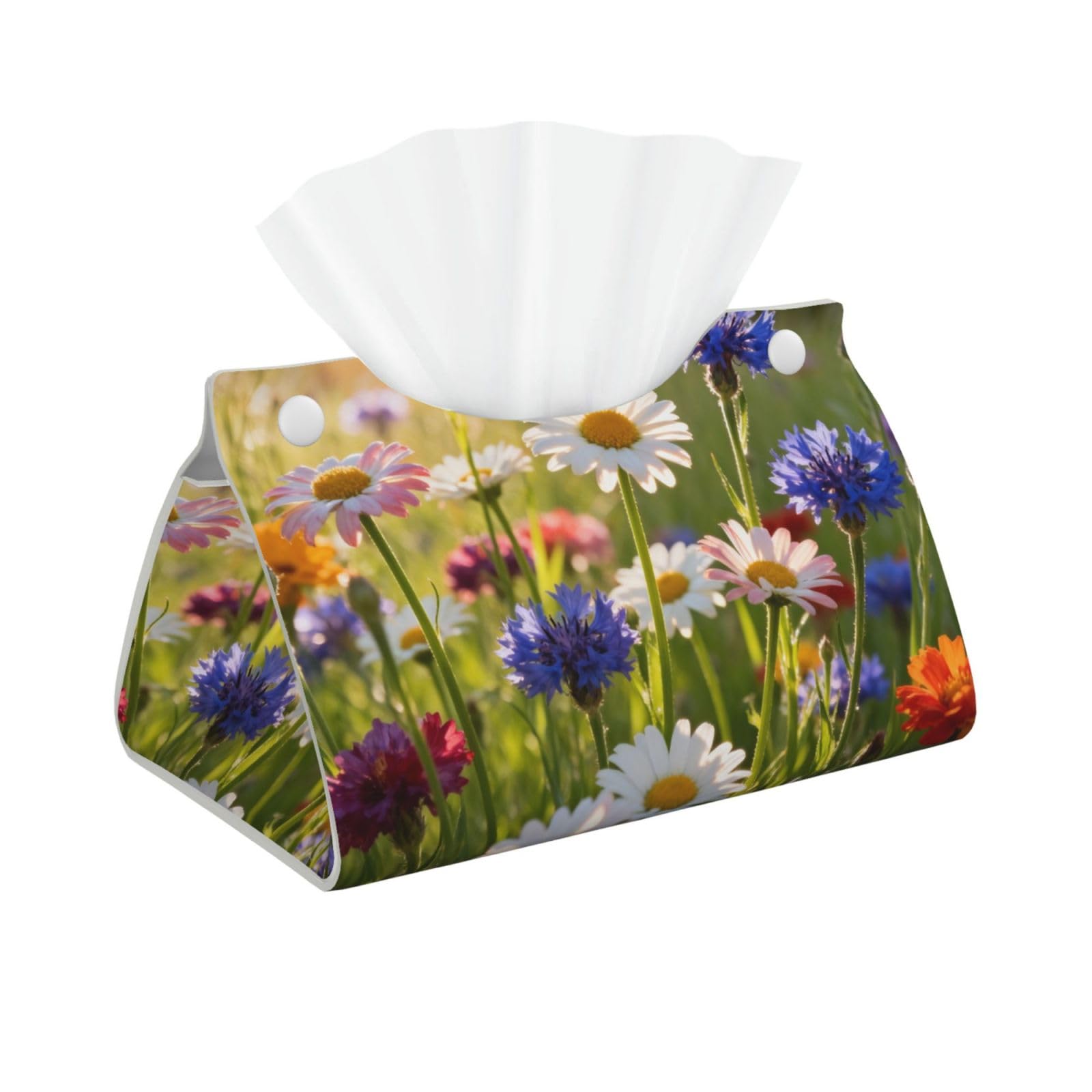 Wild Flower Meadow Long Leather Tissue Box Cover-Waterproof PU Leather Tissue Holder for Bathroom, Decorative Rectangular Tissue Case