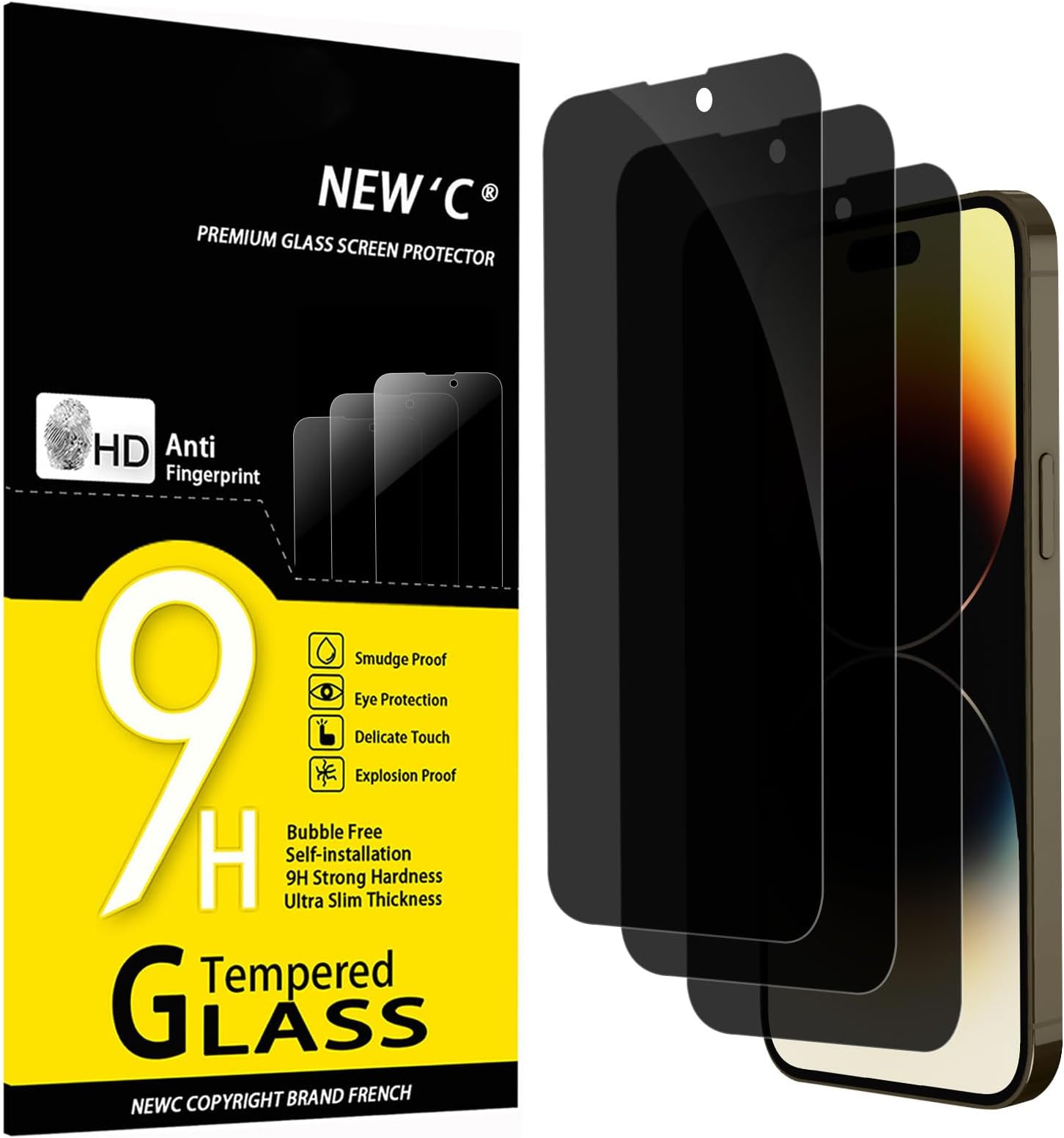 NEW'C 3 Pack Privacy for iPhone 14 Pro Max Screen Protector (6.7"), Enhanced 28-Degree Privacy Angle, Ultra Durable 9H Hardness, Bubble-Free