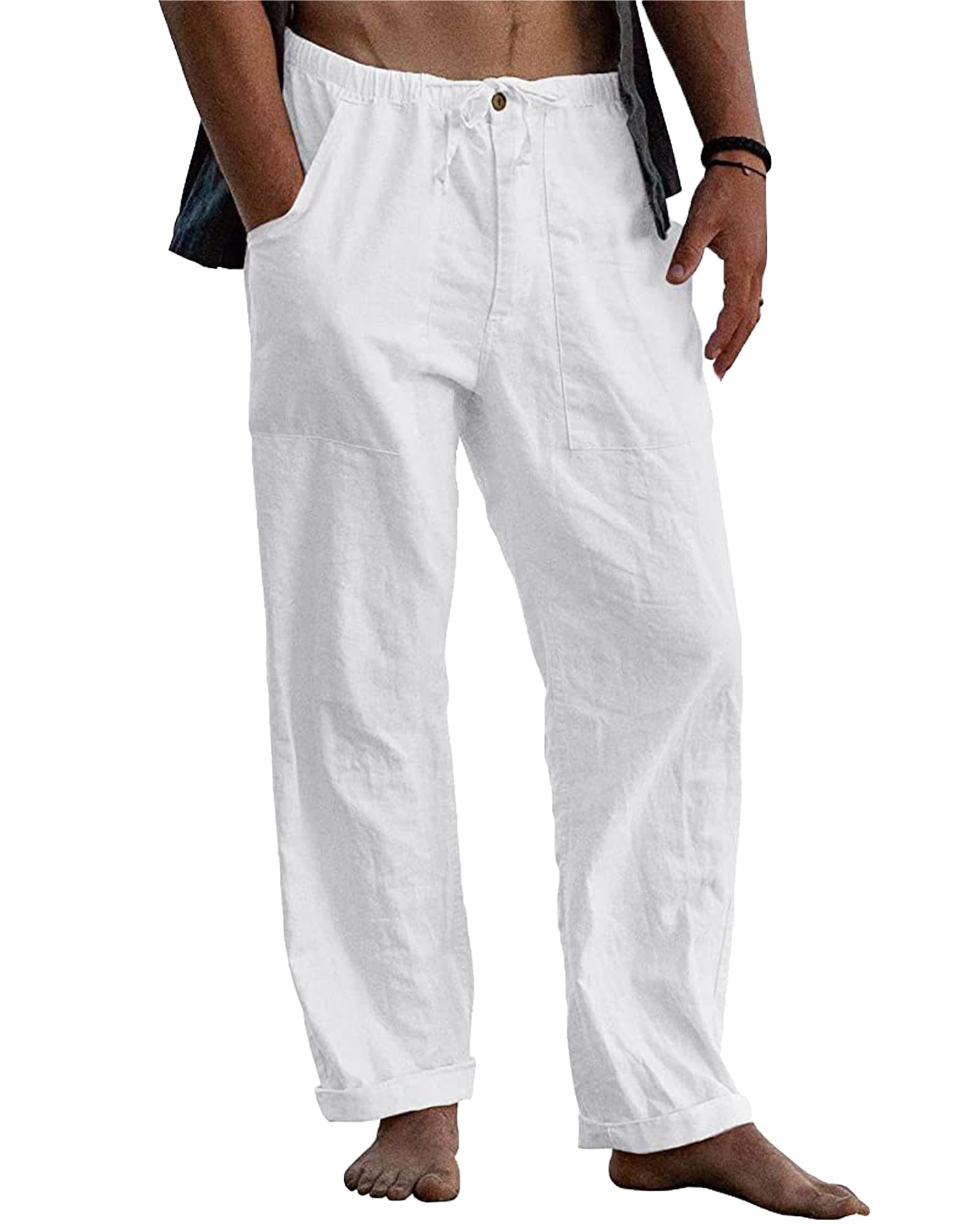 LVCBL Leinenhose Herren Sommer Herbst Lose Lässige Leinenhose mit Taschen Elastischer Bund