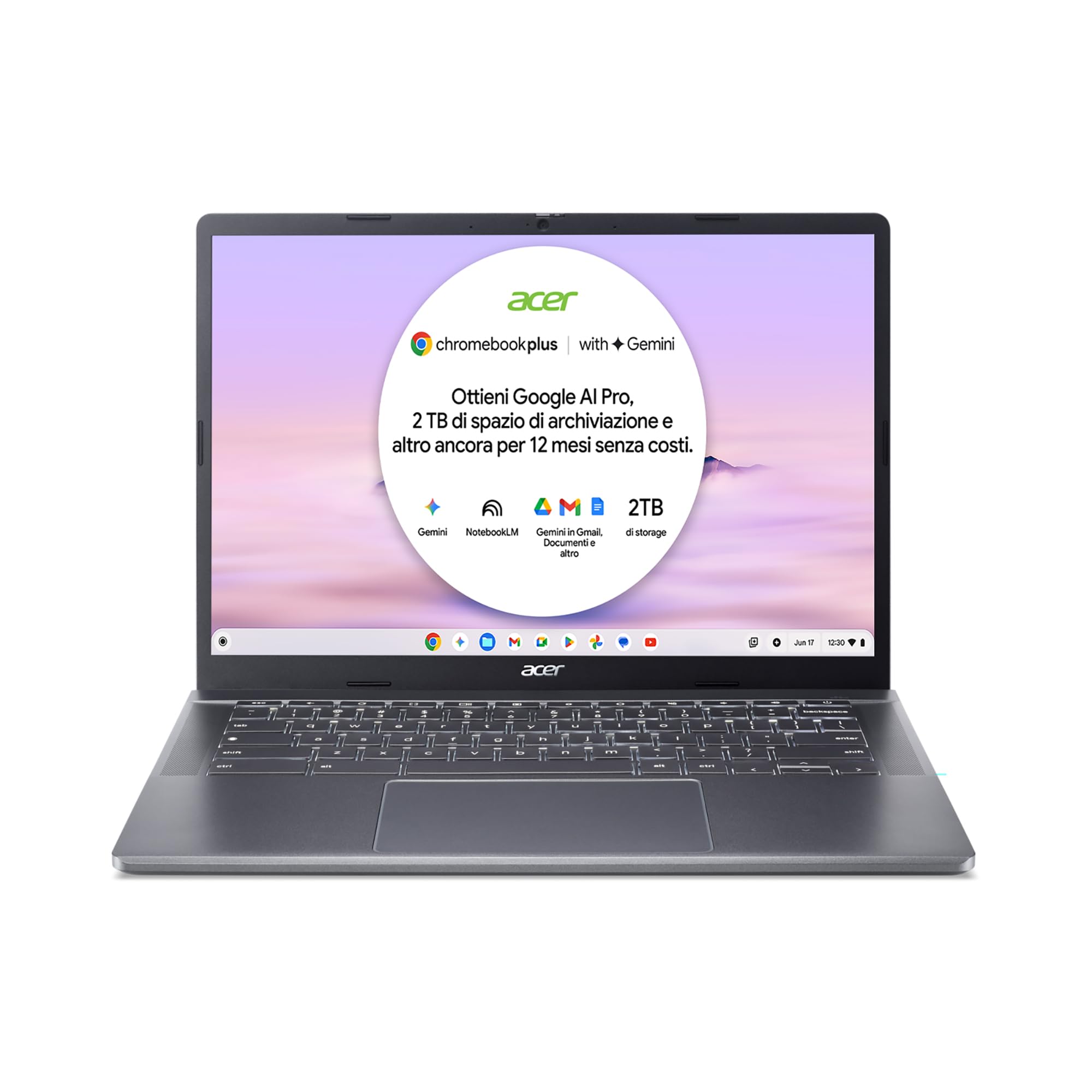 Acer Chromebook Plus 514 CB514-3H-R6T9 Laptop con IA Google | AMD Ryzen 5 7520C, 8 GB DDR5, 256 GB PCIe SSD, Display 14" WUXGA IPS, Radeon Graphics
