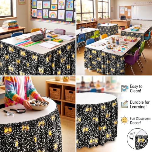 Image of Oudain 9 ft Black and White Composition Book Table Skirt Cloths for Teacher Desk Wrinkle Composition Book Table Cover Skirt for Kindergarten Classroom Kidney Shaped Desk Back to School Supplies
