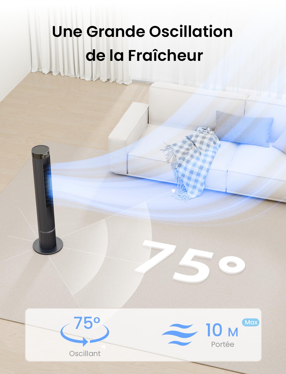 Airmate Ventilateur Colonne, 12 Vitesses de Vent, Ventilateur Silencieux Vitesse 10m/s Ventilateurs Tour Pour Chambre, 3 Modes/Minuterie 12 Heures, écran LED, Ventilateur de 40 Watts, Gris Foncé