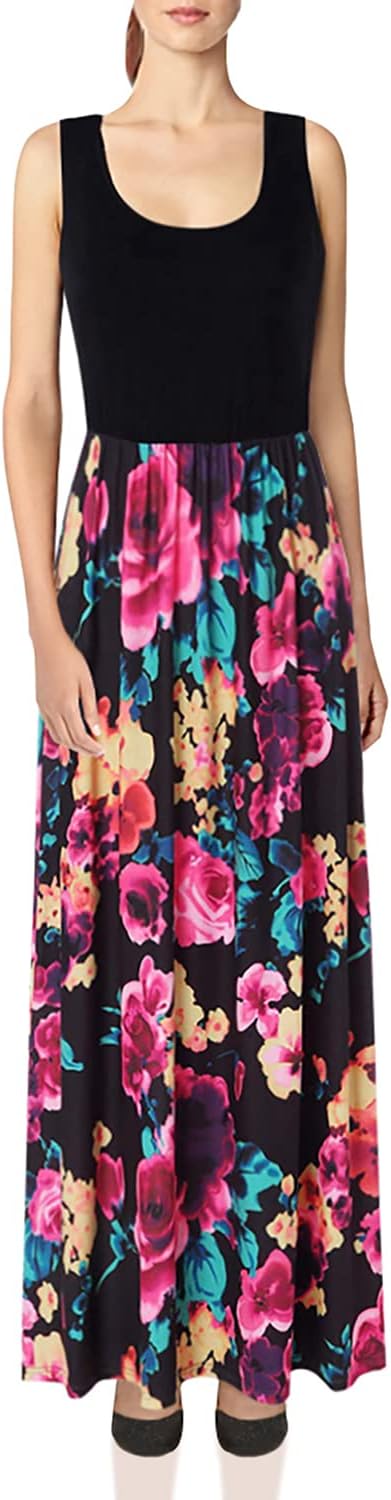 Zattcas Women's Casual Loose Long Dress Sleeveless Floral Print Maxi Dresses,Black1,Medium