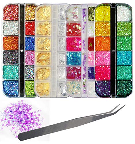 Holographic Glitter Powder Gold Silver Foil Flakes Iridescent Hexagon Star Chunky Nail Art Glitter Sequins Resin Craft Festival Glitter Decor (Glitter & Foil)