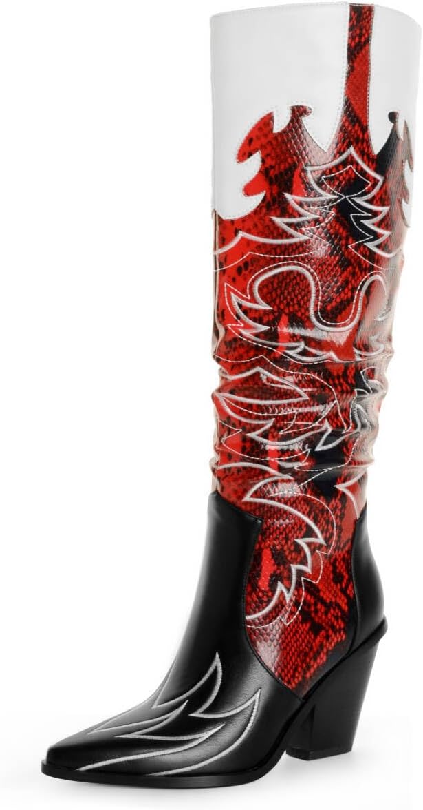 ANN CREEK Cowgirl Boots Side Zipper Womens Cowboy Boots Knee High Embroidery Woman Western Tall Pointed Toe Chunky Heel Two Tones - Image 2