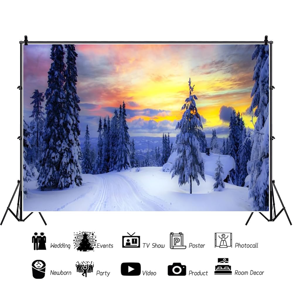 3x2m Fondo de Nieve de Invierno, Paisaje nevado, Bosque Helado, Paisaje, Pino, Amanecer, fotografía de Fondo para Feliz Nochebuena, Fiesta de Año Nuevo, Accesorios para Baby Shower