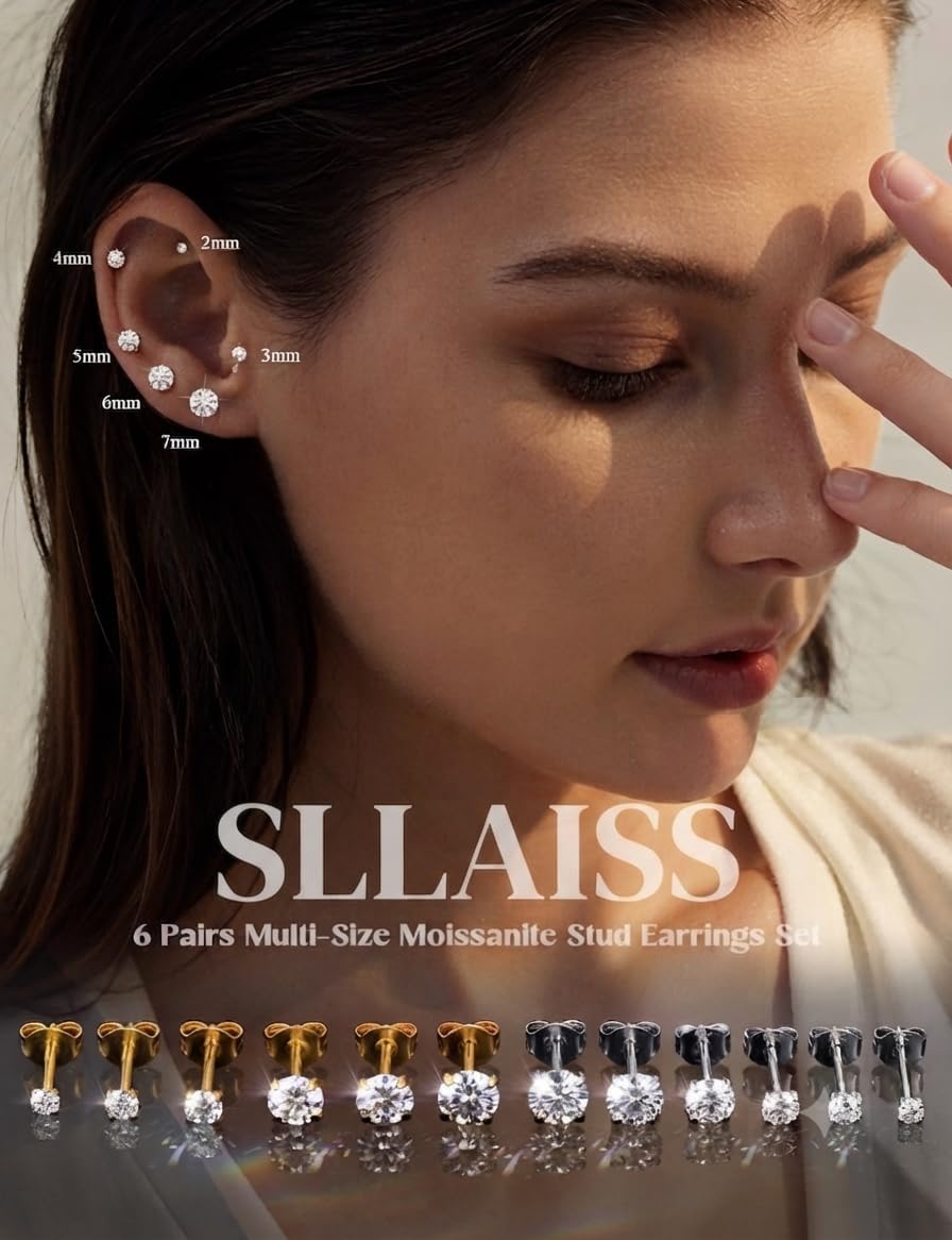 Sllaiss 6 Pares Moissanita Pendientes de 316L Acero Inoxidable