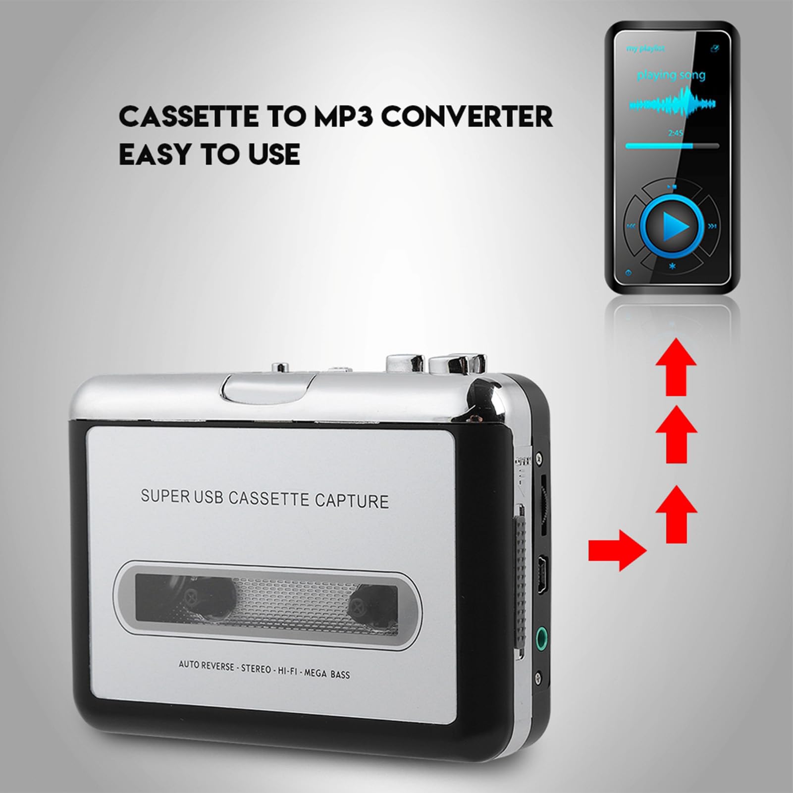 Konwerter Kasetowy, Konwerter Kasetowy na MP3 Adapter Kasetowy Konwerter MP3 CD Taśma Cyfrowa MP3 Audio Odtwarzacz Muzyczny, z Kablem USB