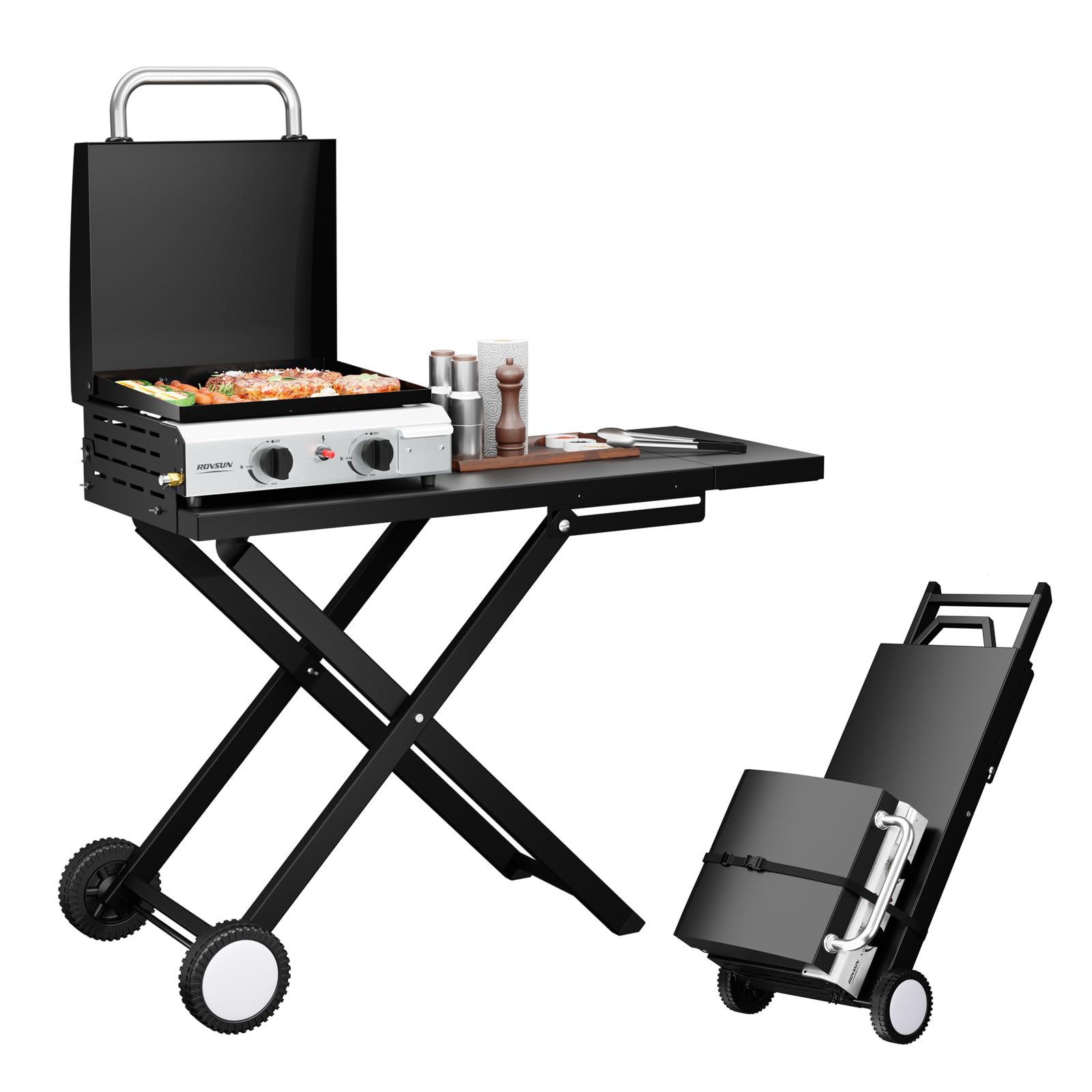 ROVSUN 2 Burner Foldable Propane Griddle with Wheels Enameled Tray Lid 20000 BTU Portable Rolling Flat Top Gas