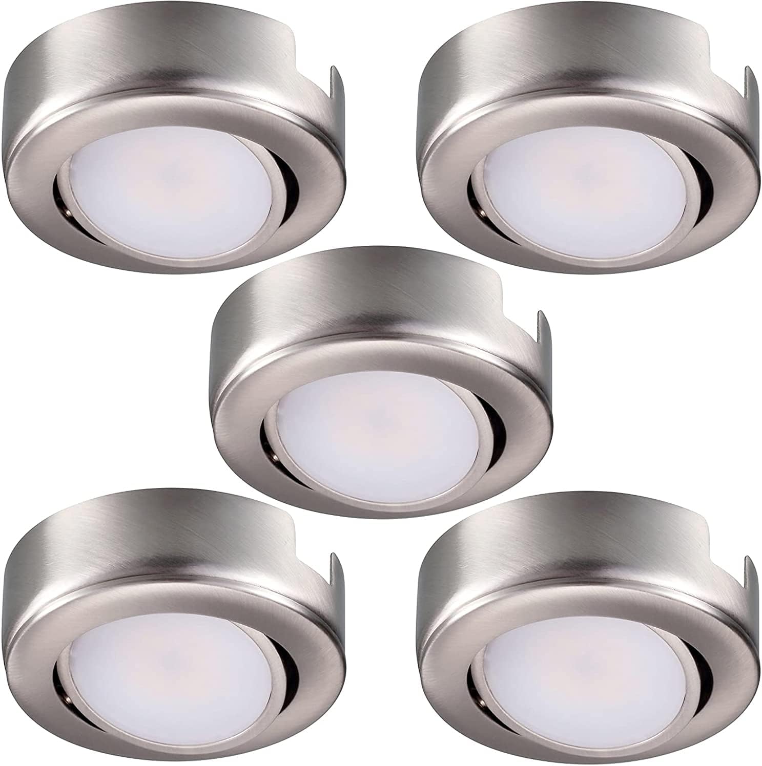 GETINLIGHT Inlight 5 Pack Puck Light with 2 Power Cord, Warm White 2700K, Brushed Nickel
