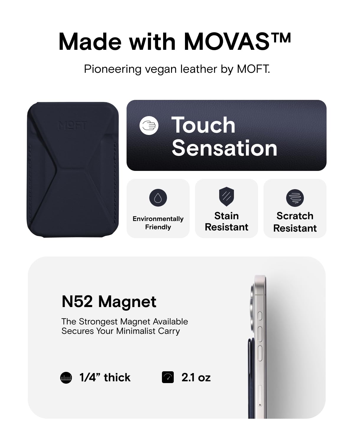 MOFT Magnetic Wallet Stand Compatible with iPhone 15/14/13/12 Series, Angle Adjustment & Magsafe Compatible MOVAS Phone Stand,Navy Blue