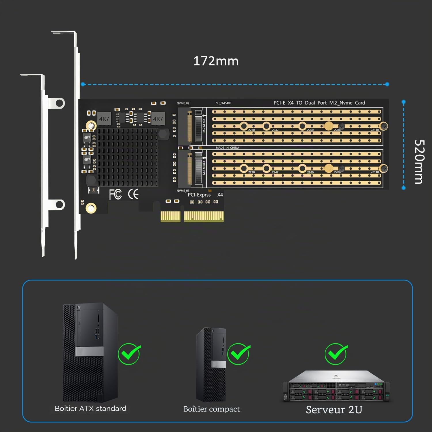 GLOTRENDS PA20 Double Adaptateur M.2 NVMe vers PCIe 3.0 x4 avec Bifurcation PCIe, Configuration Raid M.2 NVMe logicielle Via l'outil OS (Compatible avec Les formats 22110 et 2280)