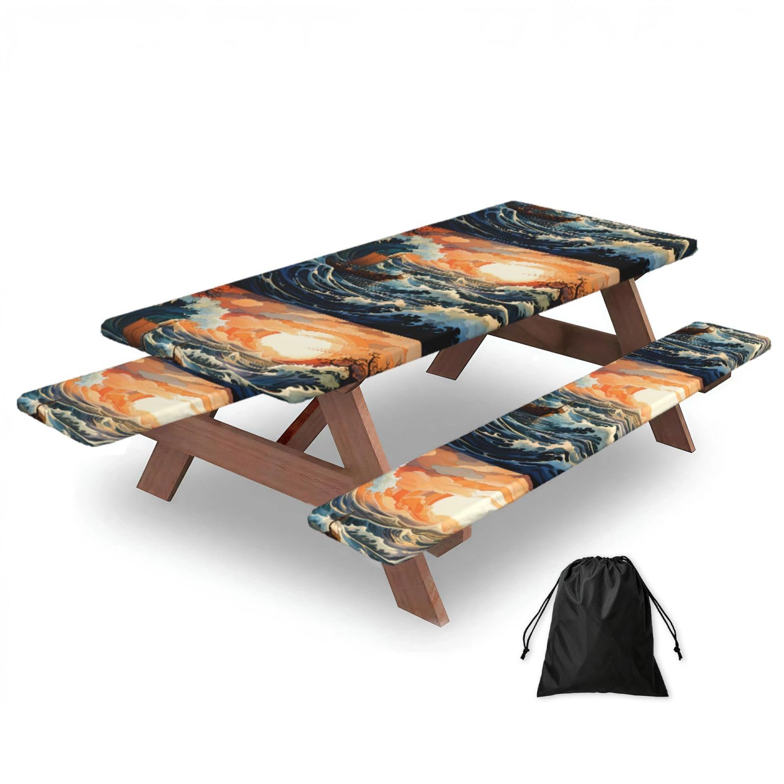 Hhbiuuo Black 72In Camping Table Cover & Bench Covers 3-Pack Set, Sea And Sail Print Tablecloths, For Rectangle Tables Picnic