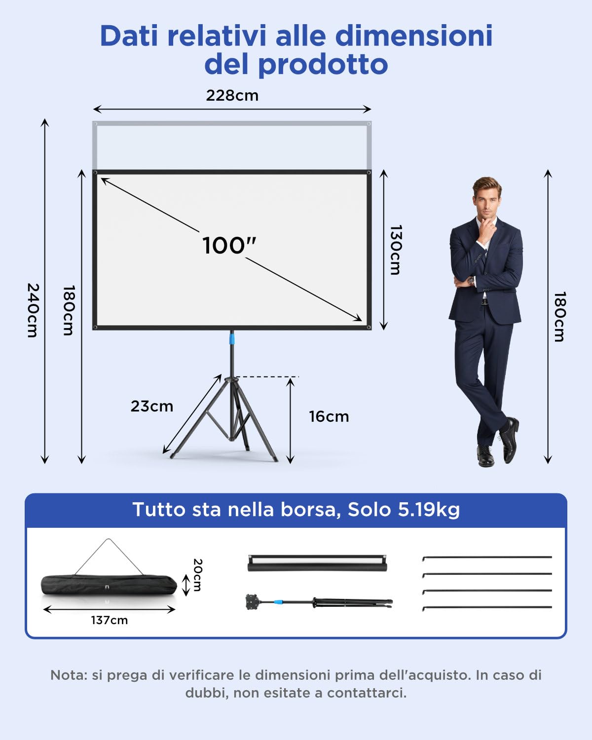 VISULAPEX 100"Schermo Proiettore, 16:9 4K Schermo per Proiettore con Supporto Portatile, Idea per Teatro Domestico, il Cinema All'aperto Feste in Giardino