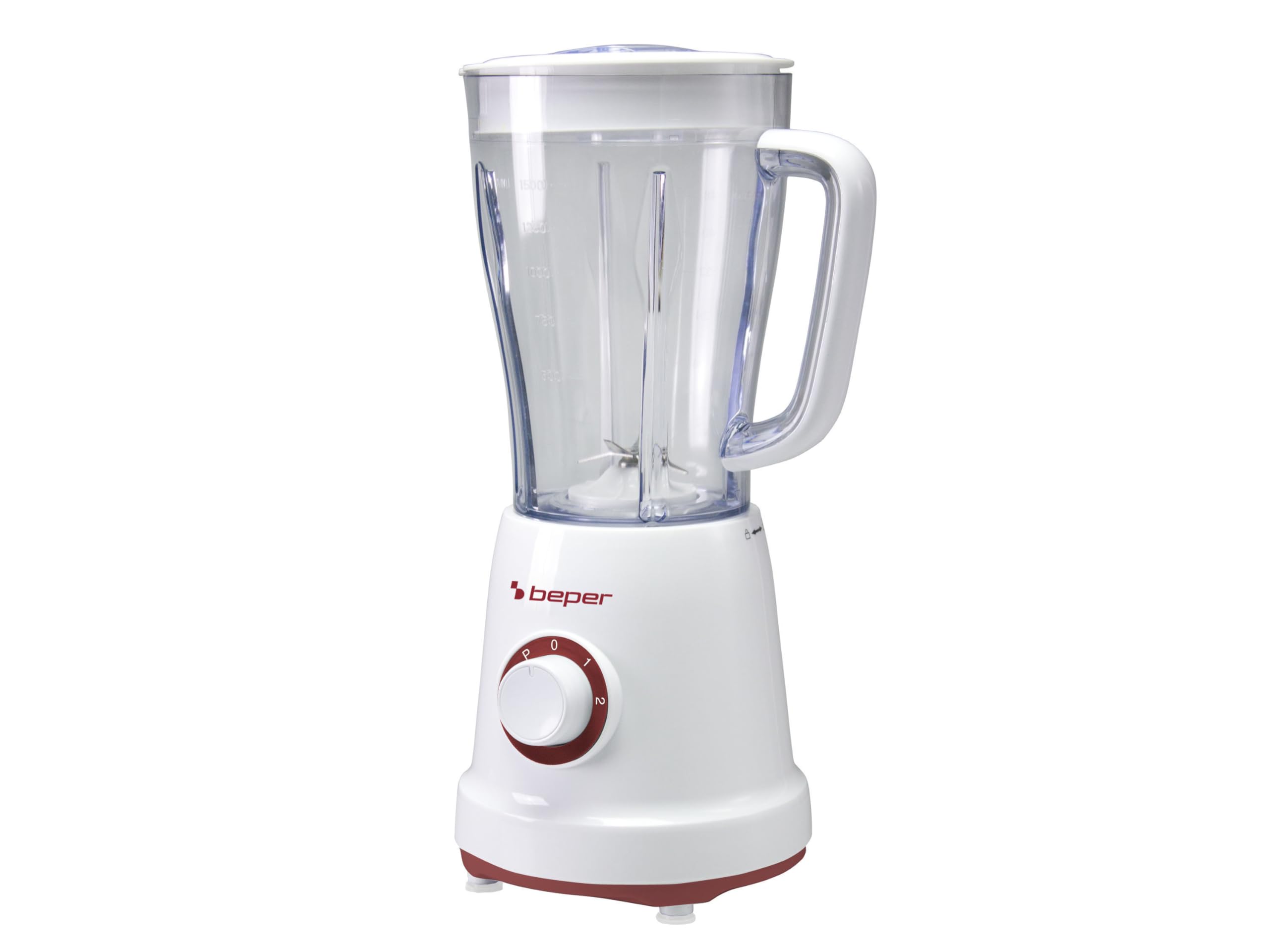 BEPER P102FRU500 Batidora 1,5 L, 500 W, 4 Cuchillas Acero Inoxidable Desmontable,2 Velocidad y Función Pulse, Tapa con Agujero, Base antideslizante, Rojo