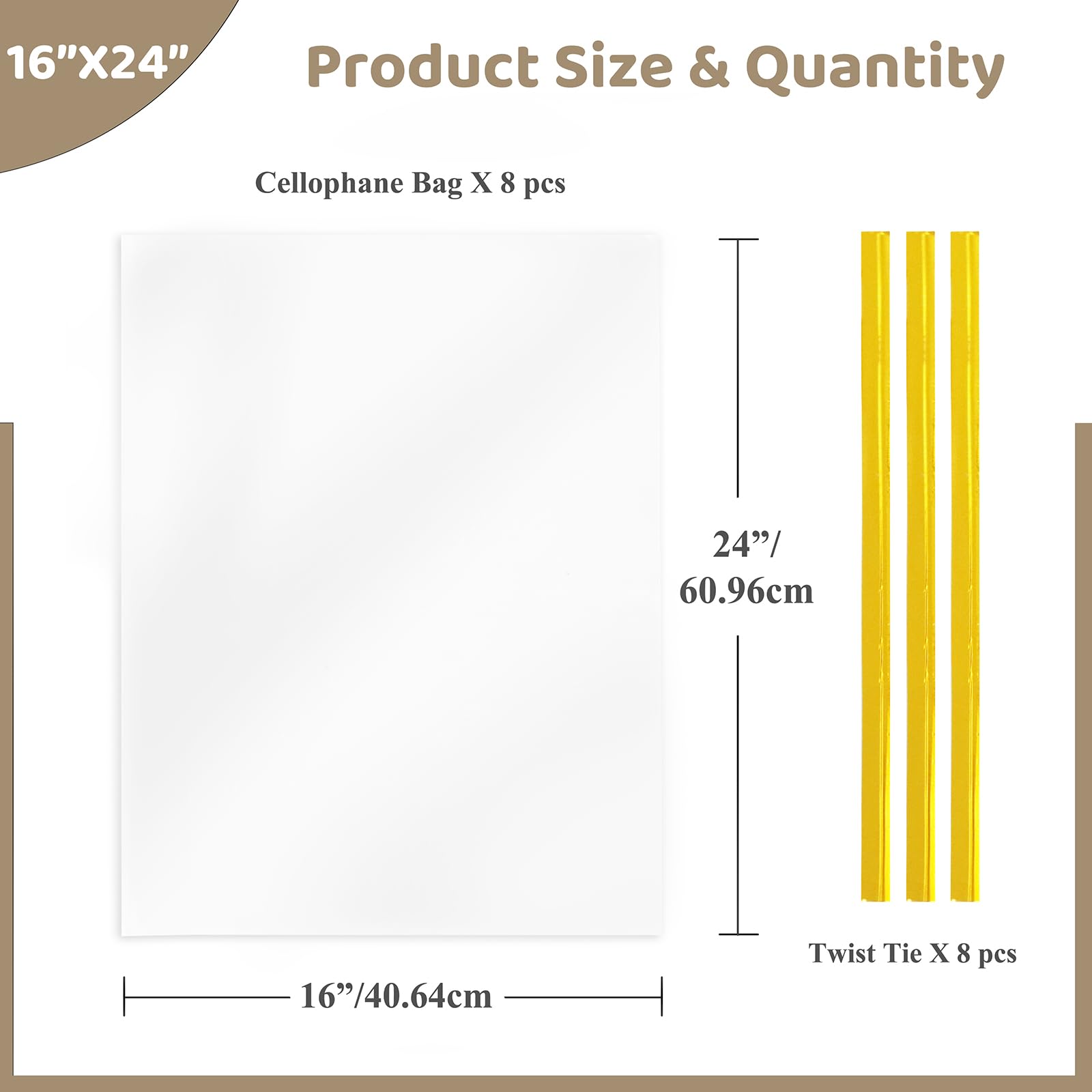 WIKDAY Cellophane Wrap for Gift Baskets 16x24 Inches 8 PCS Large Clear Gift Wrapping Plastic Bags with Ties for Gift Giving, Packaging Products