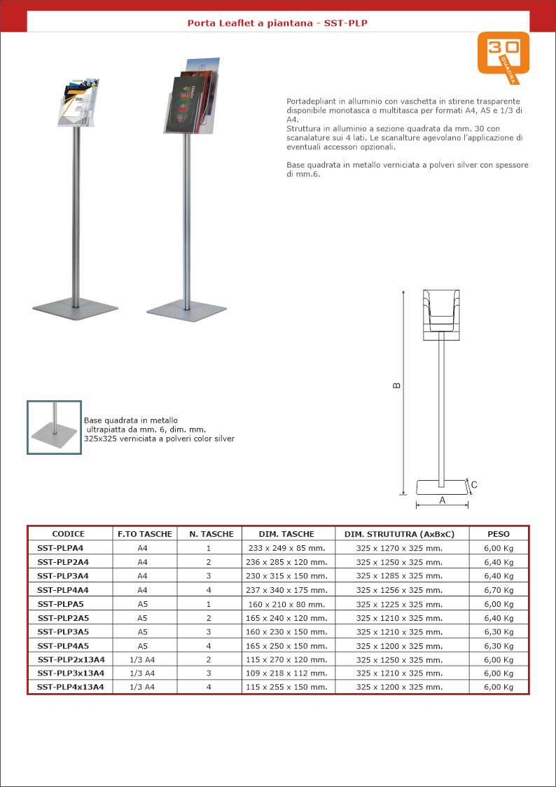 Espositore Portadepliant porta cataloghi da terra a Piantana con 3 Tasche in plexiglass per stampati A4, montante in Alluminio e base ultra sottile antinciampo in metallo per una migliore stabilità