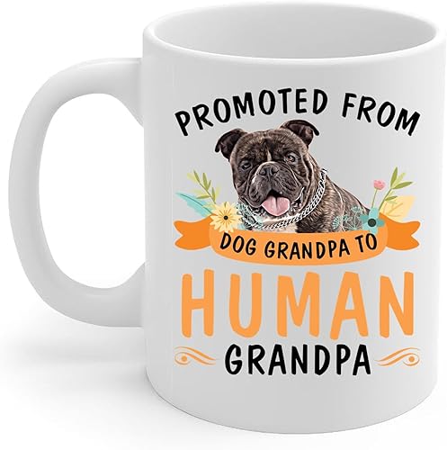 Lovesout Promoted from Brindle American Bully Dog Grandpa to Human Grandpa - Taza de café de cerámica blanca de 11 onzas