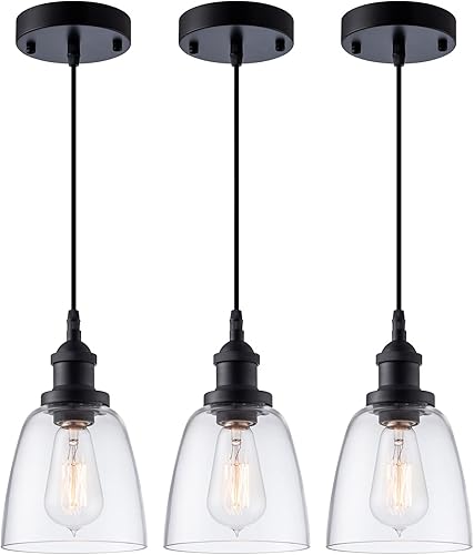 Miniatura 9 de Paquete de 3 lámparas colgantes de vidrio semillado, iluminación colgante negra, moderna, mini iluminación colgante, cable ajustable para cocina,
