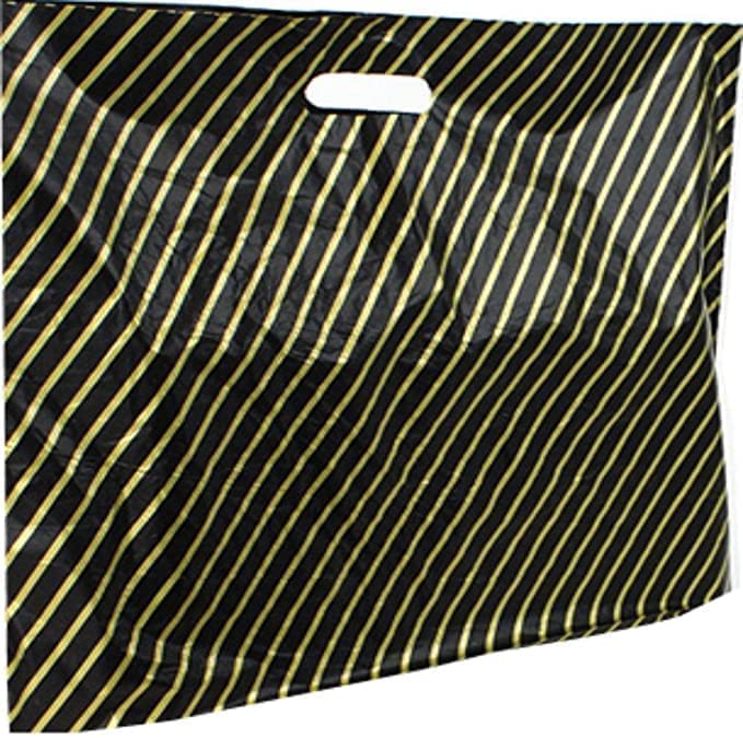 100 Pack Black And Gold Stripe Plastic Polythene Carrier Bags - Large Size 22 x 18 x 4" Shopping Gift Shop Boutique Fancy