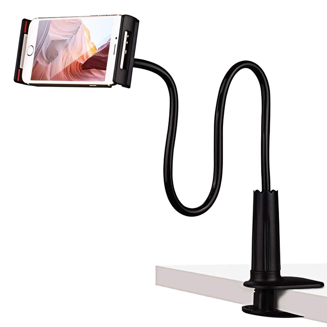 Gooseneck Phone Holder Flexible Holder Gooseneck 360 Long Arm Clamp Bracket Mount Stand for iPhone 12 Mini, 12 Pro Max Lazy Arm 360 Adjustable Clamp Bracket Stand（black）
