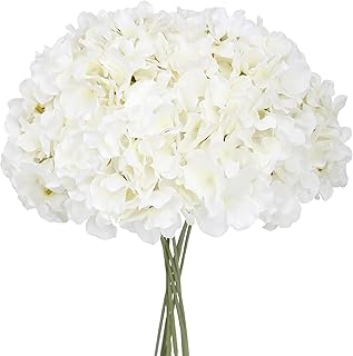 Fake White Hydrangea Artificial Flowers - Faux Silk Hydrangeas Flowers Heads with Stems Real Touch for Home Wedding Party Table Decor(White,Pack of 10)