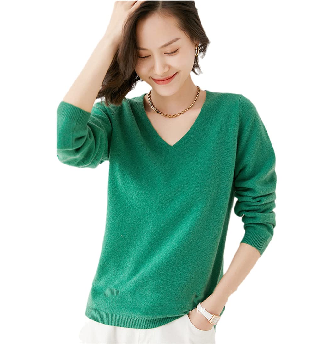 Maglione lavorato a maglia All-Match con scollo a V in lana da donna autunno inverno, Verde 01., M