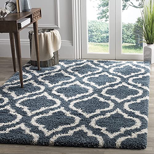 Image of Moroccan Design Microfiber Hand Woven Shaggy Carpet Collection with 2 inch Pile Height Carpet for Living Room Size 5x5 feet Square coular Teal /Ivory