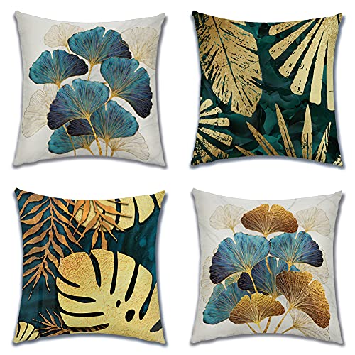 Artscope Housse de Coussin, Lot de 4 en Lin Canapé Taie d'oreiller pour Maison Salon Chambre Décoration D'intérieur, 45x45cm (Ginkgo Biloba)