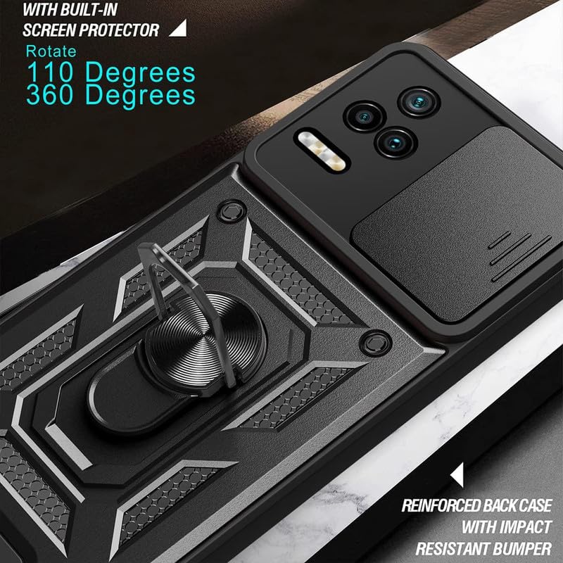 Image of Robot Ring Thunder Case, Shockproof Hybrid Kickstand Back Case Defender Cover for Poco F4 5G - Black (Sliding Camera Window)