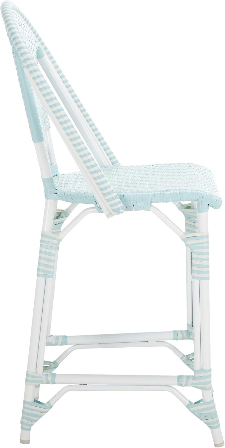 SAFAVIEH Outdoor - California 25-Inch Bistro Counter Stool - Baby Blue & White - Faux Wicker & Aluminum Frame - Woven Bistro Counter Design - Ideal for Patio, Deck, Sunroom, Bar Area (PAT7532G)