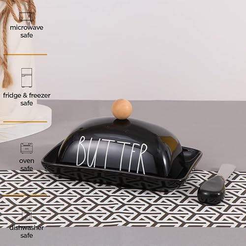 Miniatura 5 de oskas Mantequillera negra de porcelana de granja con tapa y cuchillo para encimera
