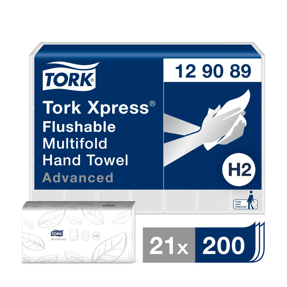 Tork Xpress Flushable Multifold Hand Towels 129089 - H2 Advanced Folded Paper Towels for Dispenser - Absorbent, Tear Resistant, 2-Ply, White - 21 x 200 Sheets