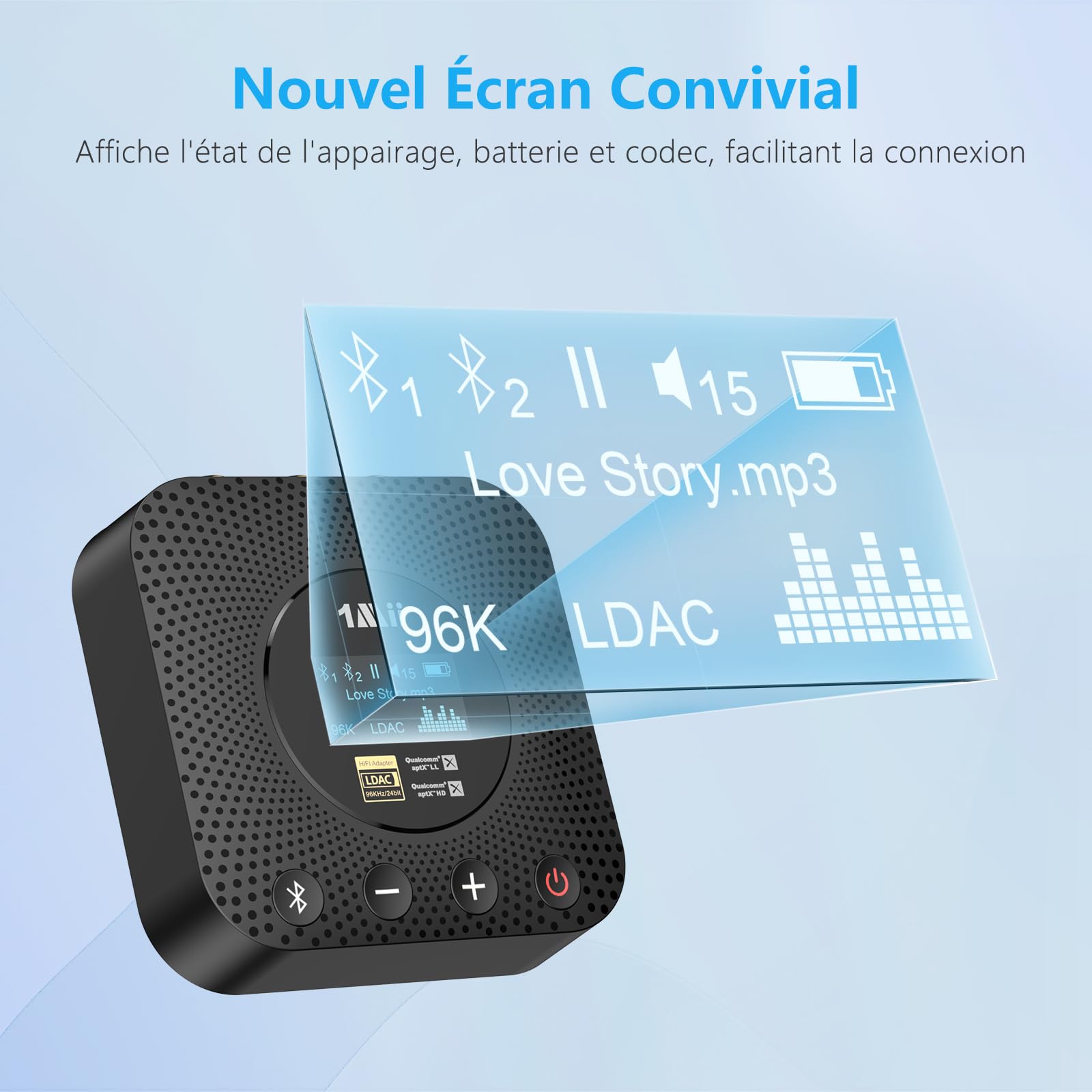 1Mii B06HD+ Recepteur Bluetooth 5.3 LDAC Adaptateur Bluetooth | pour Chaine Hi-Fi avec Contrôle du Volume sur Écran OLED, DAC Audiophile Intégré, and aptX Faible Latence