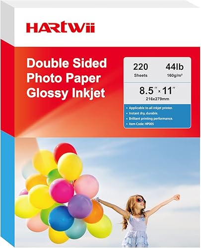 HARTWII 220 hojas de papel fotográfico de doble cara brillante de inyección de tinta de 8.5 x 11, 44 libras, 5.64ozm tamaño carta para todas las