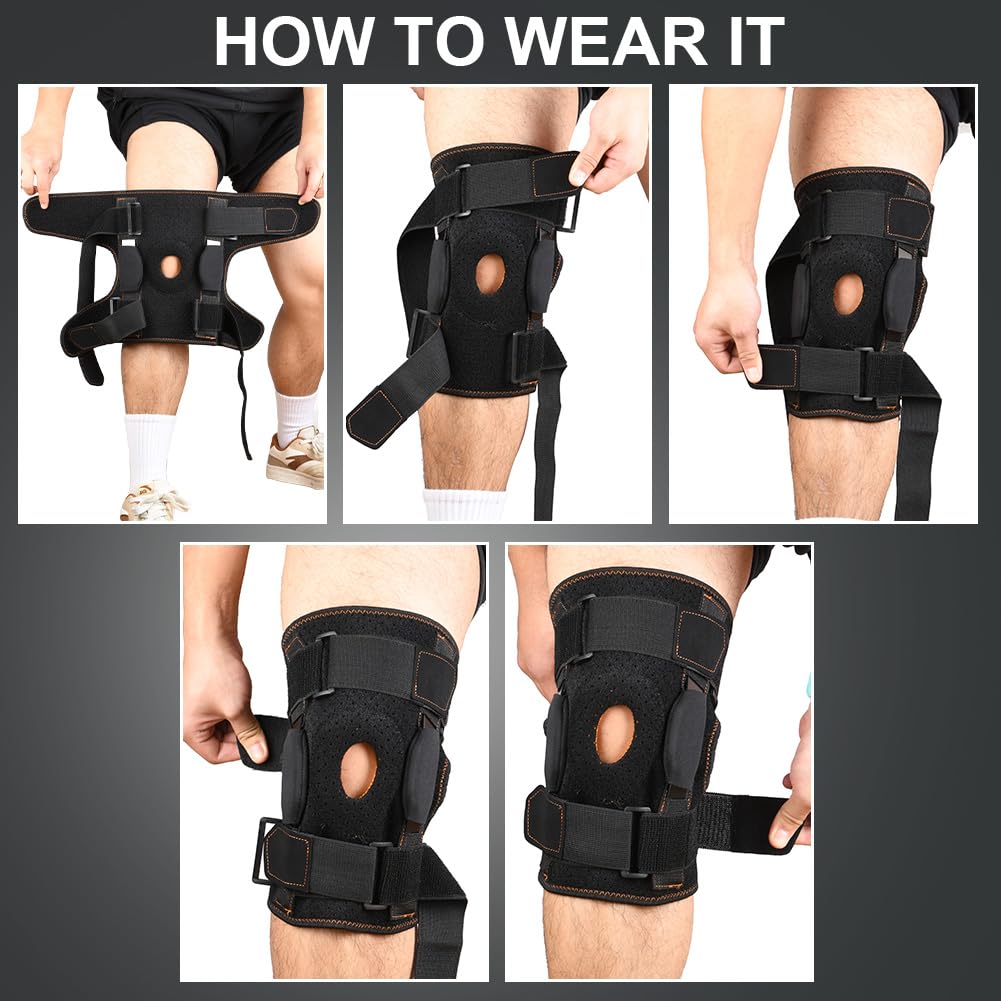 AOOWU Kniestütze, Athletics Kniebandage für Männer Frauen, Verstellbarer Kompressionsbandage mit Stahlplattenhalterung & Patella Gel Pads für Meniskusriss, Arthritis, ACL,Gelenkschmerzen, Laufen,Sport