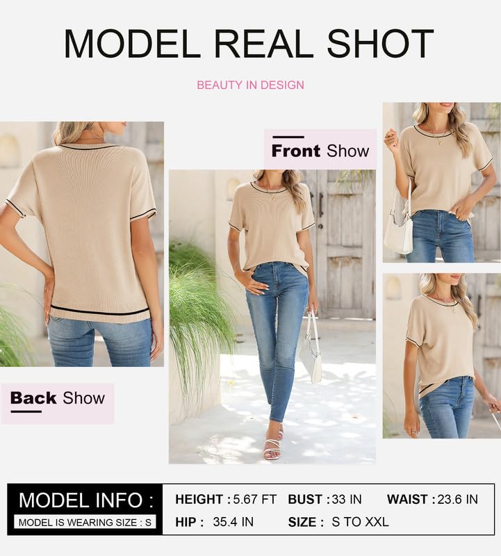 Image of SHEWIN Womens Tops Trendy Short Sleeve Shirts Crewneck Lightweight Knit Sweater Top Business Casual Outfits
