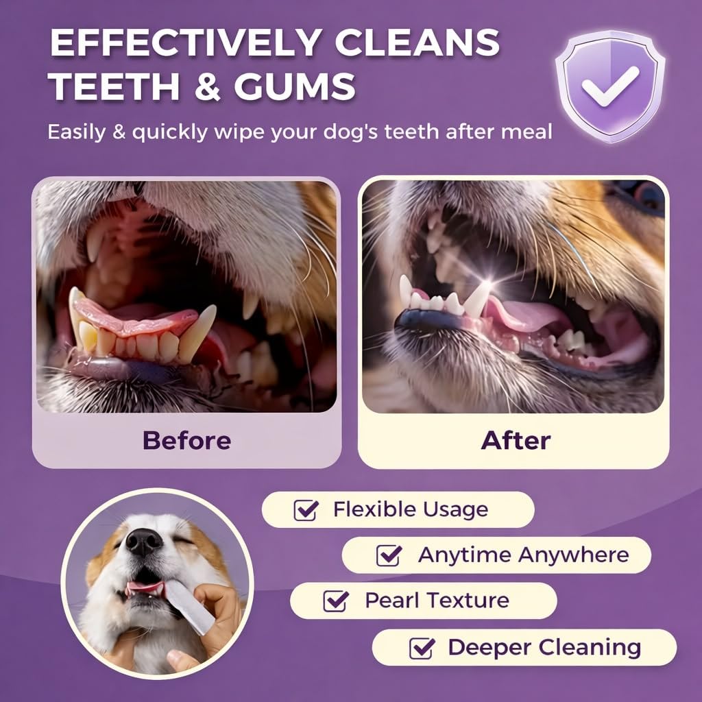 TRYV 50pcs Pet Teeth Cleaning Finger Wipes | Dog Cat Dental Cleaning Pads | Plaque Tartar Remover | Finger Toothbrush Wipes for Fresh Breath & Healthy Gums 4